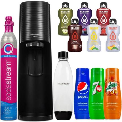 Saturator SodaStream Terra Black jedna butelka + Pepsi + Mirinda + 7up + Bolero 6szt.