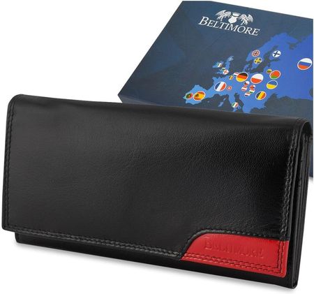 Damski skórzany portfel duży poziomy retro RFiD czarny BELTIMORE 040 czerwony