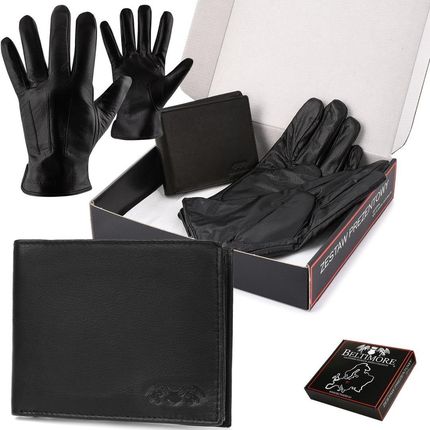 Zestaw męski skórzany portfel poziomy rękawiczki czarne Beltimore T86 czarny S/M