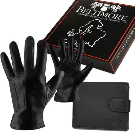 Zestaw męski skórzany portfel poziomy rękawiczki czarne Beltimore T84 czarny L/XL