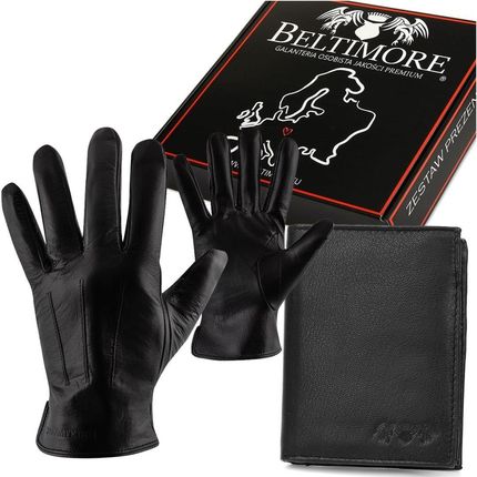 Zestaw męski skórzany portfel pionowy rękawiczki czarne Beltimore T83 czarny S/M