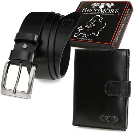 Zestaw męski skórzany premium Beltimore portfel pasek klasyczny U31 czarny r.115-130 cm