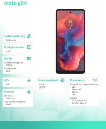 Motorola Moto G04 4G - Smartphone Dual SIM, 8+128GB (espandibile 1TB), Batteria 5000mAh, Display 6,56'' IPS, Fotocamera 16MP, Colore Concord Black