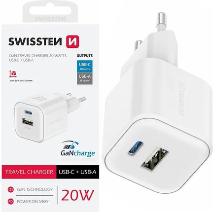 Swissten Biała Ładowarka Sieciowa 20W Qc Usb-A Pd Usb-C