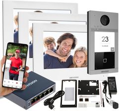 Wideodomofon Hikvision Zestaw DS-KIS604-S-W 3x Monitor DS-KH6320-WTE1-W Podczerwień RFID MicroSD System POE / WIFI