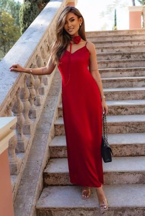 Romantyczna sukienka maxi z satynowej tkaniny (Czerwony, S)