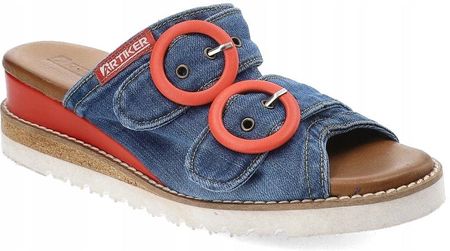 Niebieskie Klapki Artiker Stylowe Jeansowe Klapki Damskie Na Koturnie