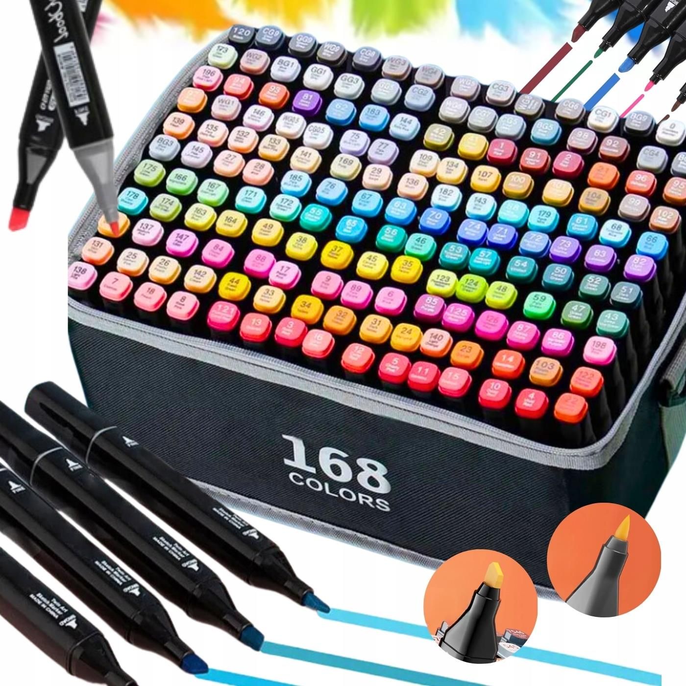 MARKERY ALKOHOLOWE 168 SZT DWUSTRONNE FLAMASTRY ZESTAW TORBA +