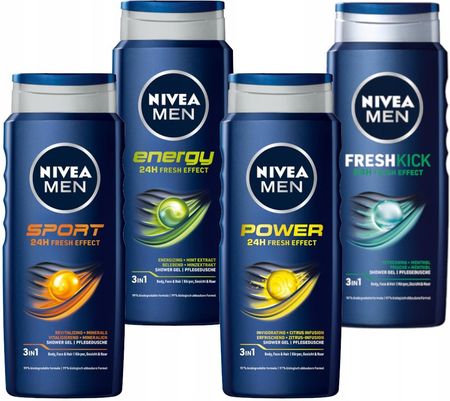 Nivea Men 3W1 Żel Pod Prysznic Do Mycia Męski - Zestaw Ciało+Włosy 500ml X4