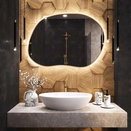 Lustro Stain II LED, 80x57cm, rama czarna, barwa światła ciepła