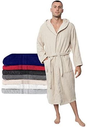 Twinzen Męski płaszcz kąpielowy, rozmiary XS/ S/ M/ L/ XL/ XXL, 100% bawełna (350g/m²), certyfikat Öko-Tex®, z kapturem, 2 kieszeniami i paskiem, beżo