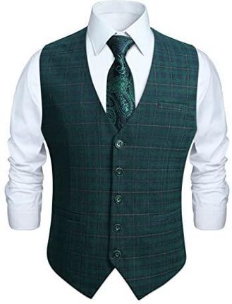 HISDERN Manner formalne wesele kamizelka bawełniana pled sukienka garnitur kamizelka dla mężczyzn, zielony, XL