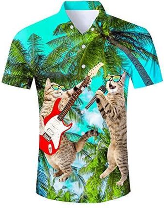 AIDEAONE Koszula hawajska, męska, kwiecista koszula Aloha, flaming, letnia koszula plażowa, koszule świąteczne, Kot Hawaje, XL