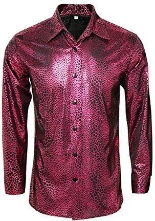 Funhoo Męska metaliczna koszula dyskotekowa z lat 70. Styl klubu nocnego długie rękawy zapinana na guziki sukienka koszule błyszczące slim fit topy ta