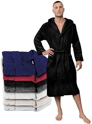 Twinzen Męski płaszcz kąpielowy, rozmiary XS/ S/ M/ L/ XL/ XXL, 100% bawełna (350g/m²), certyfikat Öko-Tex®, z kapturem, 2 kieszeniami i paskiem, czar