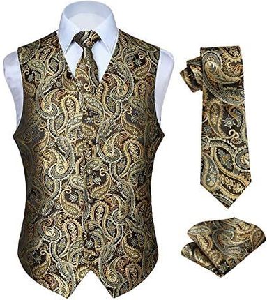 HISDERN Męska kamizelka paisley, kwiecista, żakardowa, krawatowa poszetka, na ślub, przyjęcie biznesowe, dopasowana kamizelka, zestaw, rozm. XS–6XL, Z