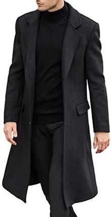 ECDAHICC Męski casualowy slim fit wełniany płaszcz długa kurtka kołnierz karbowany trencz jednorzędowy płaszcz zimowy ciepła odzież wierzchnia, czarny