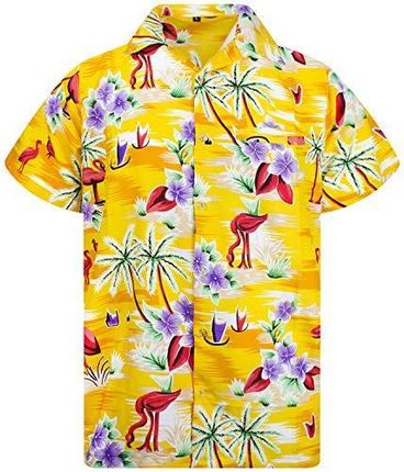 King Kameha Koszula hawajska - koszula z krótkim rękawem - letnia koszula - koszula imprezowa, Flamingi, żółty, 3XL