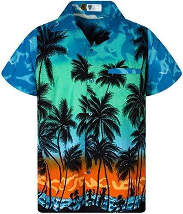 V.H.O. Codzienna męska koszula w hawajskie fale, przednia kieszeń, zapinana na guziki, krótki rękaw, unisex, styl plażowy, wielokolorowa, Beach Eclect