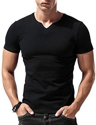 Męska koszulka Henley z długim rękawem o kroju slim fit na co dzień dekolt w serek podkoszulki bawełna, T2307 Czarny, L