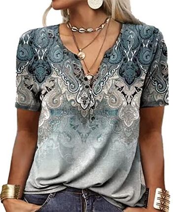 GRMLRPT Koszula Z Długim Rękawem Kobiety V-Neck T-Shirt Eleganckie Bluzki Kobiety Printed Basic Tee Shirt(Wielobarwny,S), Krótki rękaw niebieski, XXL
