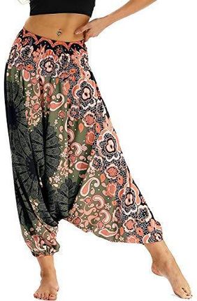 Nuofengkudu Damskie hipisowskie spodnie hipisowskie haremki hipisowskie boho wzorzyste workowate spodnie odzież domowa, Pomarańczowy zielony kwiat, Ro