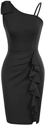 Belle Poque Elegancka damska sukienka koktajlowa w stylu vintage, na jedno ramię, na imprezę, jesień, czarny, XL