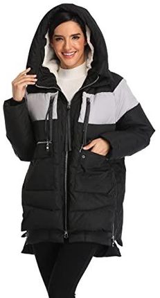 VOGMATE Damska kurtka puchowa z kapturem, zimowa, gruba, ciepła kurtka puchowa, wiatroszczelny płaszcz dla kobiet, Czarny + Szary, L