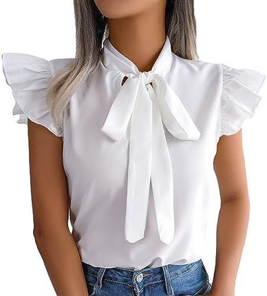 T-shirty damskie bluzka z krótkim rękawem elegancka damska topy letnia koszula na co dzień jednolity kolor topy damskie luźny top z kokardą, Biały, XL