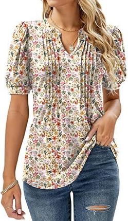 EFFAN Damska bluzka z dekoltem w serek bufiasta koszulka z krótkim rękawem plisowana tunika z kwiatowym nadrukiem bluzka koszule, Biały kwiecisty, 44-