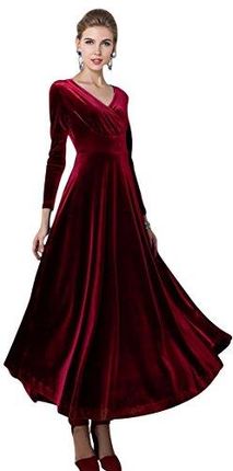 Urban GoCo damska aksamitna długa sukienka w stylu vintage z dekoltem w serek, czerwony (wine red), L