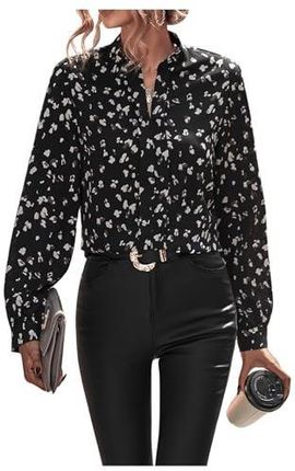 GORGLITTER Elegancka bluzka damska Henry kołnierz górna część OL biznesowa bluzka koszula tunika ze wzorem, czarny, M