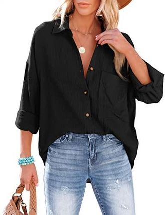 NONSAR Bluzka damska luźna koszula z dekoltem w serek, 100% bawełna, luźny krój, solidna, gruba górna część z kieszenią, czarny, XL