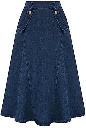 Belle Poque Damska spódnica dżinsowa elastyczna wysoka talia vintage trapezowa spódnica midi z kieszeniami, Ciemnoniebieski, XL