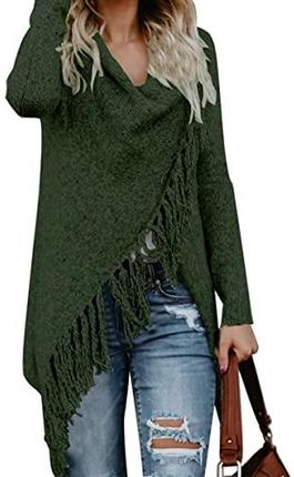 CEASIKERY Damski sweter z frędzlami długi kardigan dzianinowy sweter ponczo płaszcz, ZIELONY, XL