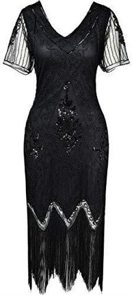 BABEYOND Sukienka damska w stylu lat 20. XX wieku, z krótkim rękawem, Gatsby, na imprezę tematyczną, kostium damski, czarny, XXL