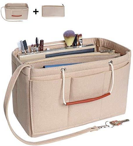 Organizer Per Borsa In Feltro Morbido Beige 23x10,5x14 Cm: Inserti Multitasca Con Cerniere E Fodera Interna