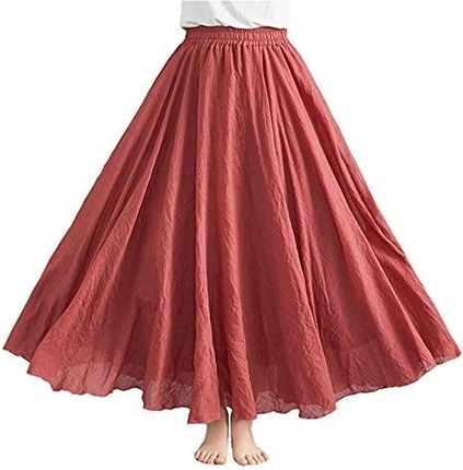 Visyaa Damska spódnica maxi letnia bawełna len podwójna spódnica długa spódnica elastyczna talia jednokolorowa plisowana spódnica, rdzawy czerwony, L