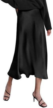 Zeagoo Damska satynowa spódnica, długa, wysoka talia, elegancka jedwabna spódnica midi, na jesień i zimę, biznesowa spódnica midi z zamkiem błyskawicz
