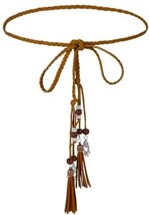 simarro Damski pleciony pasek, ręcznie tkany, cienki pasek w talii boho z frędzlami, regulowany łańcuszek na talię do sukienki spódnicy, Brązowy, 170x