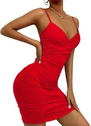 Bodycon ramiączka seksowna sukienka damska elegancka sukienka koktajlowa, Czerwona, XS