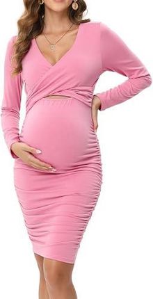 Clearlove Damska sukienka ciążowa, odświętna, dekolt w serek, sukienka do karmienia z długim rękawem, obcisła sukienka ciążowa, Rosa, XXL