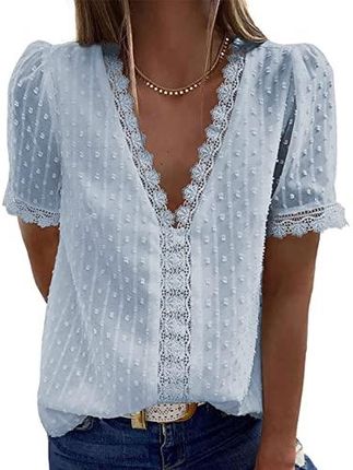 Nadeer Damska bluzka, koronkowa koszula z dekoltem w kształcie litery V, elegancka, koronkowa, z krótkim rękawem, tunika, bluzka damska, na lato, żaka