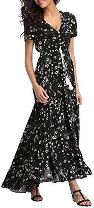 VOGMATE Damska elegancka długa sukienka z dekoltem w serek i krótkim rękawem, bawełniana letnia sukienka plażowa maxi (S–2XL), XXL