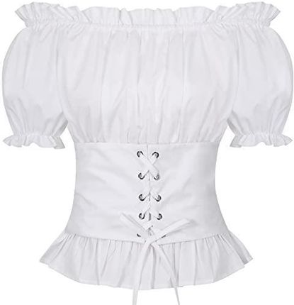 LEACOOLKEY Damska bluzka z odkrytymi ramionami renesansowa letnia bluzka kostiumowa steampunk boho koszula wiejska, A-biały (krótkie rękawy), M