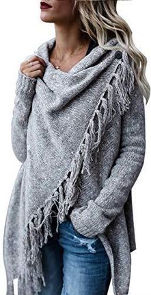 CEASIKERY Damski sweter z frędzlami długi kardigan dzianinowy sweter ponczo płaszcz, Jasnoszary, L