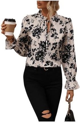 GORGLITTER Bluzka damska, elegancka, tunika, do biura, top, bluzka z kwiatowym wzorem, koszula z kokardką, czarny, S