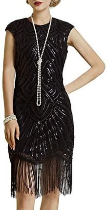 BABEYOND Damska sukienka z cekinami, styl lat 20., okrągły dekolt, inspirowana filmem „Wielki Gatsby”, czarny, S
