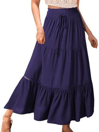 Genfien Spódnica damska plisowana retro maxi spódnica 2 w 1 damska elegancka elastyczna talia w kształcie litery A boho luźna spódnica sukienki plażow