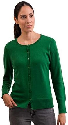 CASH-MERE.CH 100% kaszmirowy damski sweter kardigan, okrągły dekolt, okrągły dekolt, 2-nitkowy, zielony, S